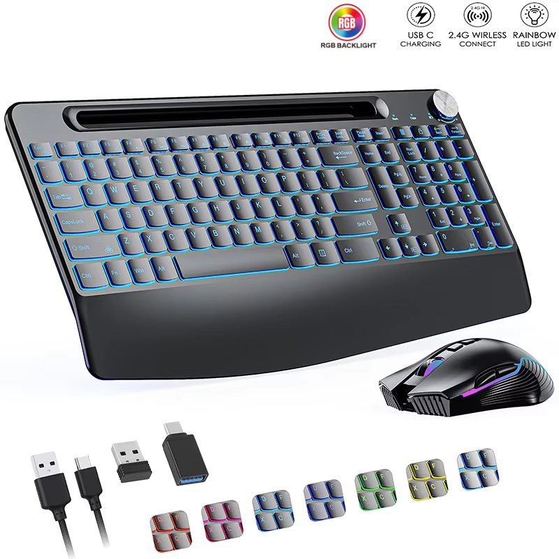 Gaming Keyboard And Mouse Combo - ワイヤレスキーボードとマウスのセットCタイプ,リストレスト付き,RGBバックライト,PC,ラップトップ,ウィンドウ,ジグラー用の充電式サイレントセット,2.4g