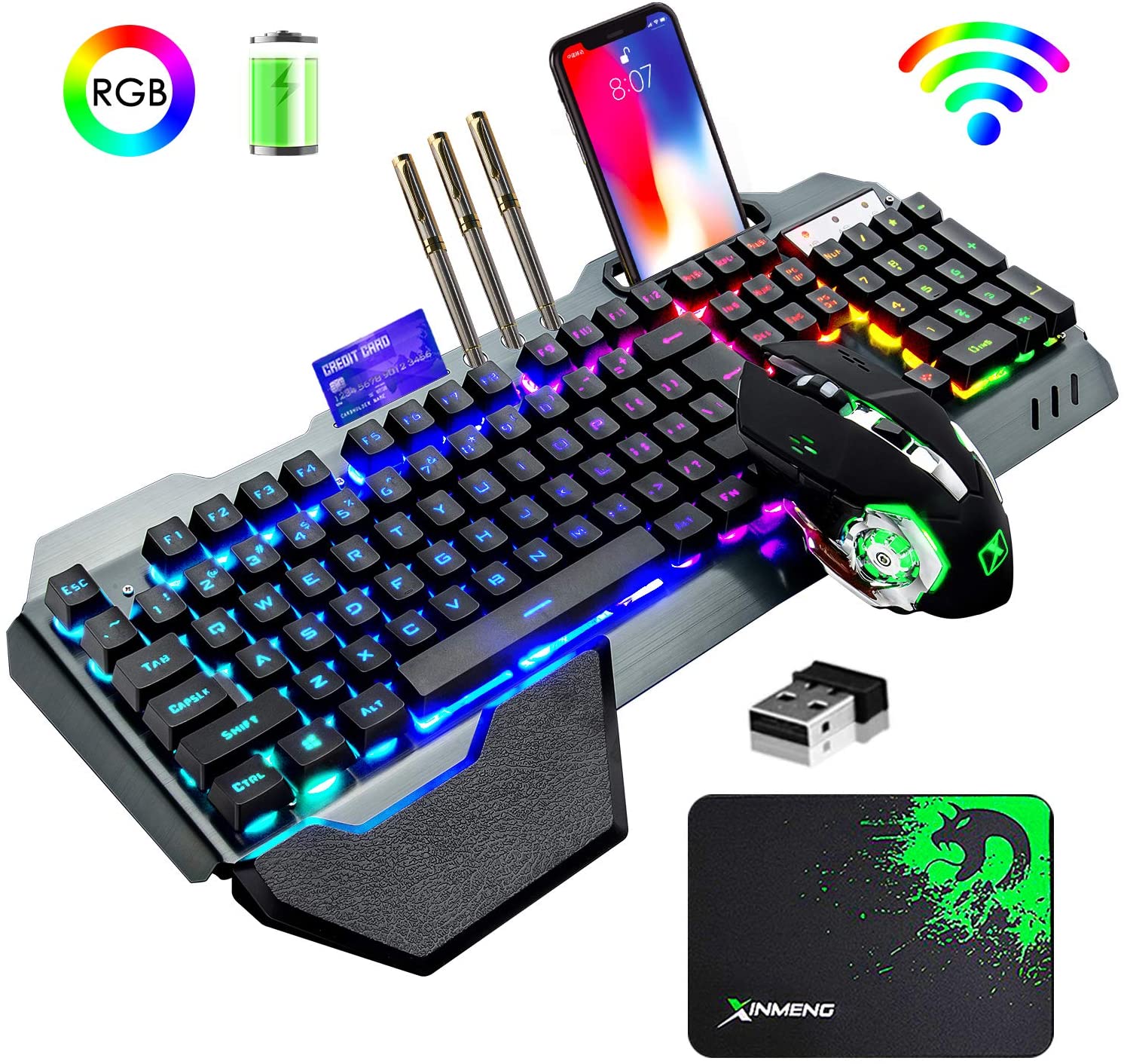 Gaming Keyboard And Mouse Combo - K680ワイヤレスゲーミングキーボードとマウスの組み合わせ、レインボーLEDバックライト付きキーボード、充電式3800mAhバッテリー、金属パネル