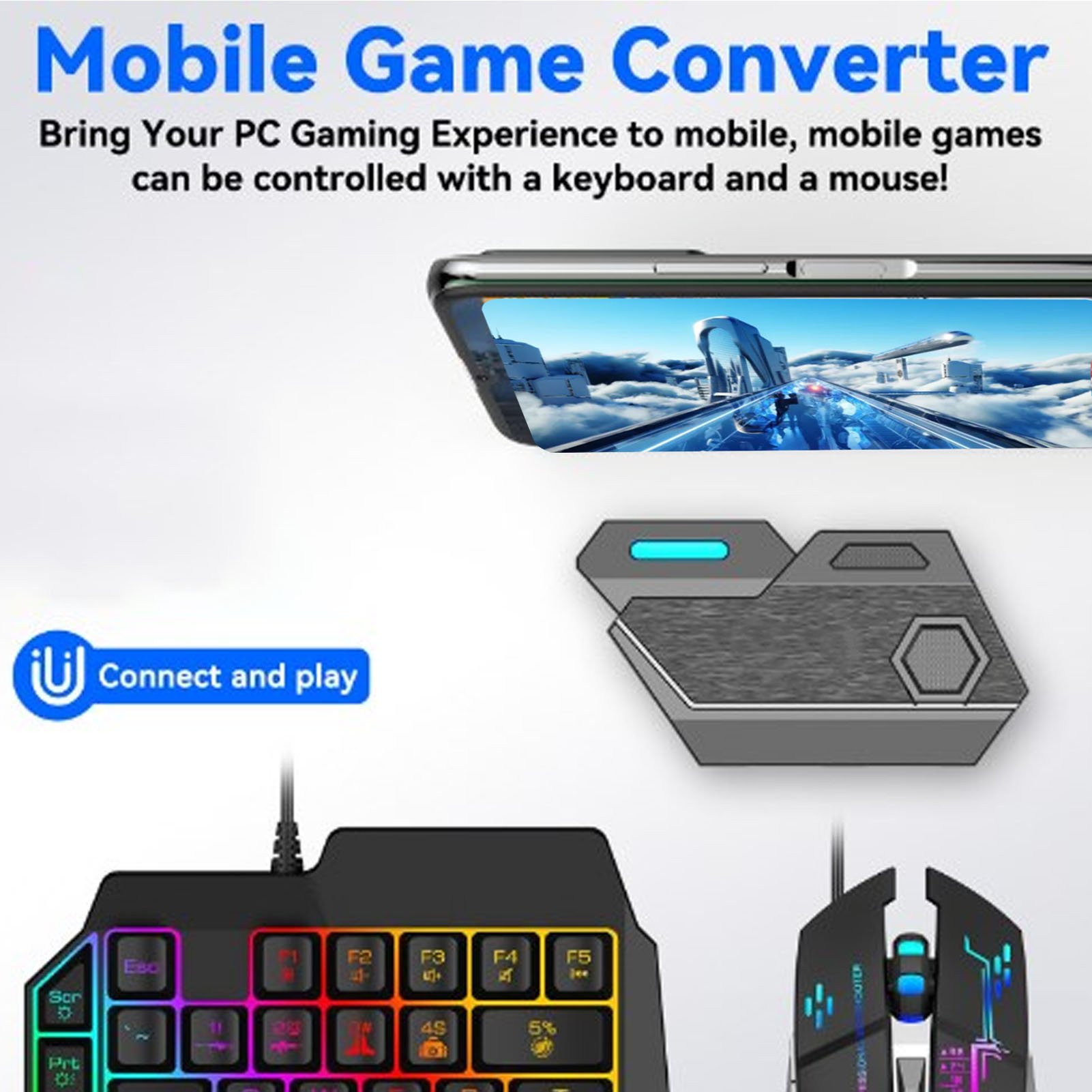 Gaming Keyboard And Mouse Combo - モバイルゲームコンボパック Bluetooth接続 片手キーボードマウスコンボ ゲーム用調整可能な電話ホルダー付きで応答性が高い