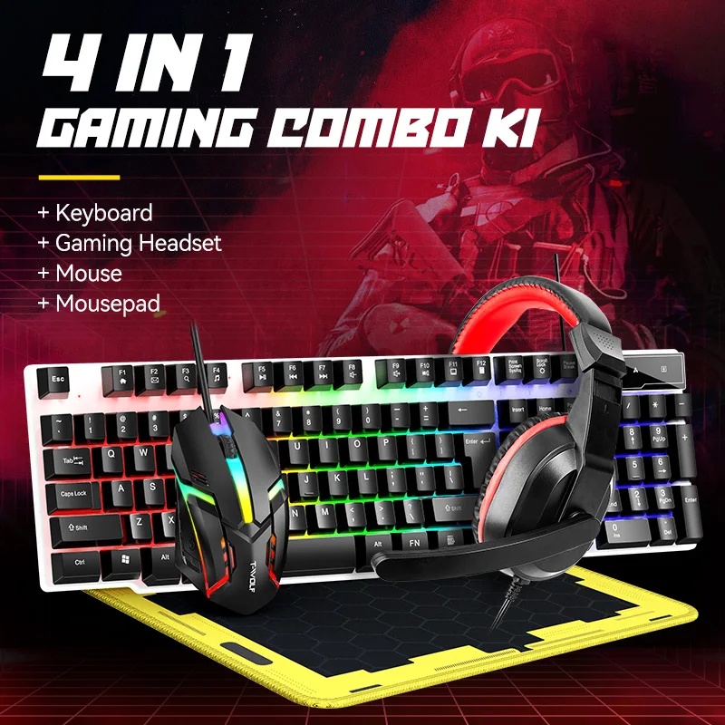 Gaming Keyboard And Mouse Combo - 新しいUSBキーボードとマウスのゲーミングヘッドセットコンボ 4 in 1 英語ゲーミング有線キーボードマウスセット（マウスパッドとヘッドホン付き）