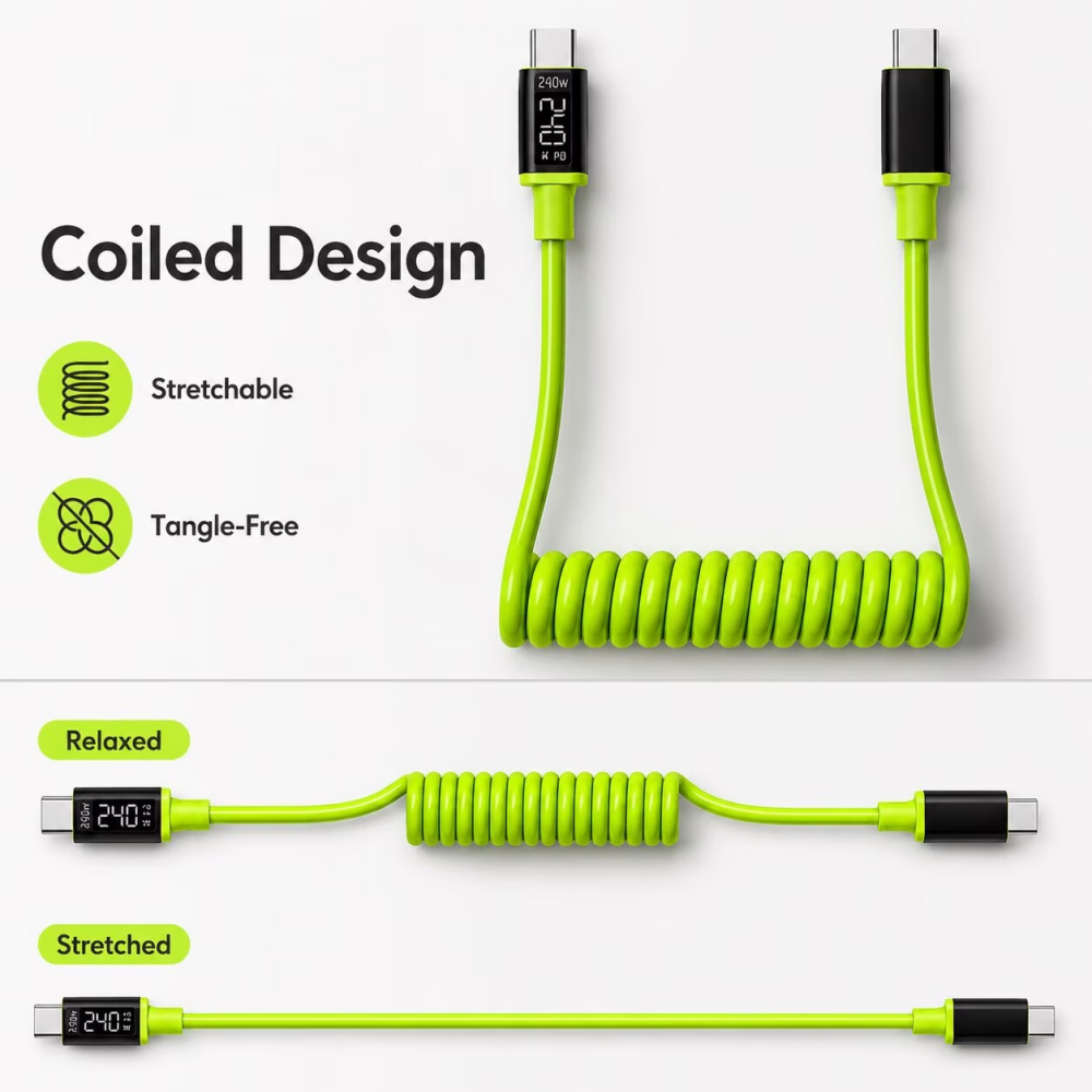 240W USB C/USB-A to C コイル状充電ケー - Coiled Usb Cable のレビューと価格